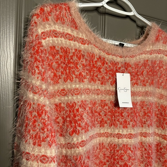 Jessica Simpson New Very Fuzzy Sweater Tunic M Deep Coral Ivory Plush - Picture 2 of 11